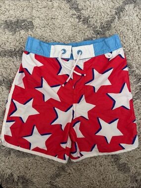 Mini Boden Red Star Print Swim Shorts with Light Blue Waistband